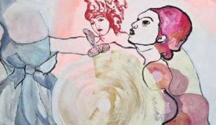 Zwei Frauenkoepfe in rötlichblauen Farben gemalt