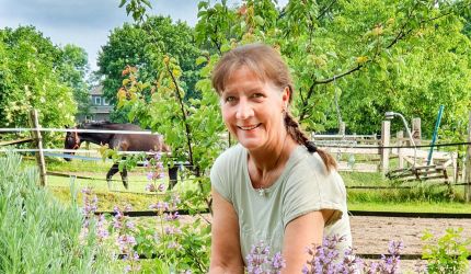 Petra Voltmer sitzt entspannt in einem Garten mit einem stehenden Pferd im Hintergrund 